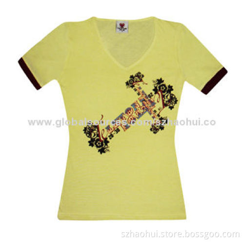 Women's 100% cotton fashion design V-neck printed T-shirt, slim fit style, OEM orders are welcome